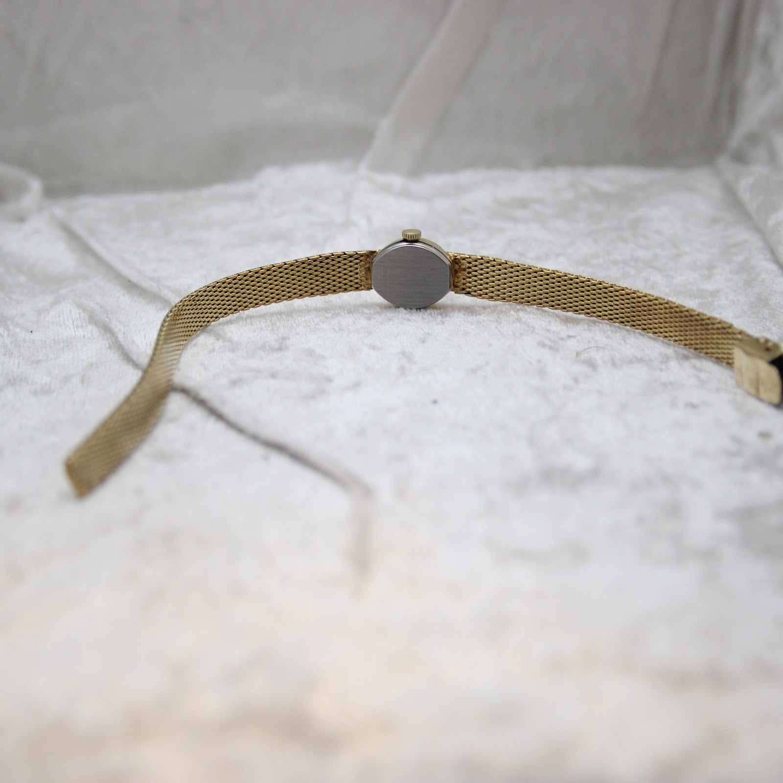 Full length back view of the Rotary watch on a white textured surface, showing the case back and bracelet.