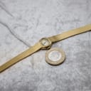 Full length view of the watch and bracelet alongside a UK £1 coin for size comparison.