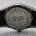 Close-up of the stainless steel case back with engravings: "OFFICIAL SWISS RAILWAYS WATCH SBB CFF FFS", "Sapphire Crystal", "Water Resistant 10 ATM", "Stainless Steel Case"