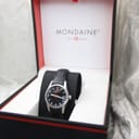 The Mondaine watch presented in its original black and red Mondaine box