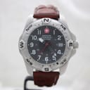 Front view of Wenger Swiss Military watch with black dial, Arabic numerals, luminous hands, and compass bezel.