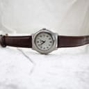 Full front view of the Swiss Army quartz watch, showing the white dial and brown leather strap on a light background.
