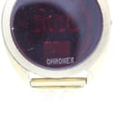 Detailed close-up of the Chronex LED watch's dark red display, clearly showing the 'CHRONEX' brand name etched at the bottom.