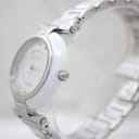 Angled side view of the Escada Lauren watch on a display stand, highlighting the white ceramic case profile and signed crown.