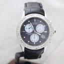Front view of Citizen Eco-Drive chronograph alarm watch with black dial and crystal-set bezel.
