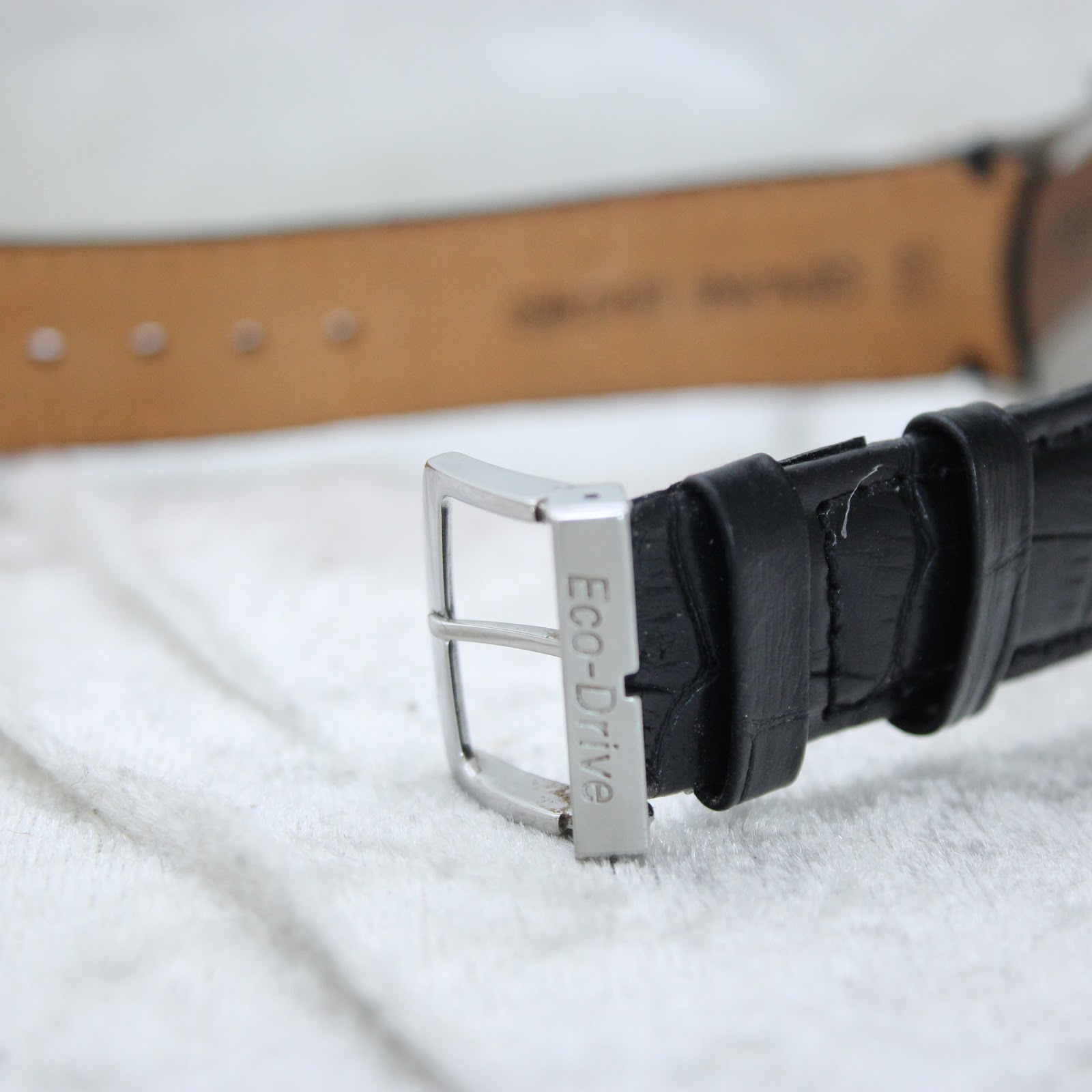 Close-up of the silver-toned buckle on the black leather strap, signed 'Eco-Drive'.