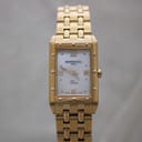 Front view of gold Raymond Weil Tango watch with white mother of pearl Roman numeral dial