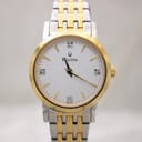 Front view of Bulova C935132 two-tone quartz watch with white textured dial, gold indices, and four diamond markers.