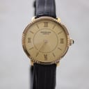Front view of Raymond Weil Genève 1681 watch with champagne dial, Roman numerals, and gold-tone fluted bezel.