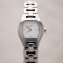 Front view of Tissot G333 women's watch with polished stainless steel case and bracelet, white minimalist dial, and silver-tone hands and indices.