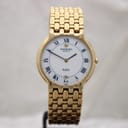 Front view of gold Raymond Weil Fidélio quartz watch with sunburst gold dial and crystal-set bezel on a display stand.