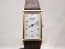 Front view of gold electroplated Raymond Weil Genève 5741 watch with white dial and brown leather strap