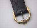 Close-up of the gold-tone pin buckle of the watch, clearly showing the engraved "RW" logo.
