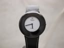 Front view of Raymond Weil Phantôm 5815 with black PVD case, white dial, black hands, and black leather strap.