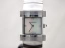 Front view of the Burberry BU4500 watch, showing the rectangular mother of pearl dial with diamond indices and polished silver case on a stand.