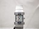 Slightly angled front view of the Burberry BU4500 watch, highlighting the reflective silver case and bracelet details.