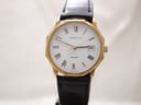 Front view of gold Certina quartz watch with white dial, black Roman numerals, and black leather strap.