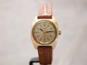 Front view of the gold-plated Bulova 7263-1 ladies automatic watch with champagne sunburst dial and brown leather strap on a stand.