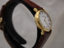 Left side view of the Raymond Weil 9923 watch, showing the polished gold electroplated case and brown leather strap.
