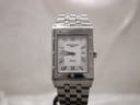 Front view of Raymond Weil Tango watch with silver dial, Roman numerals, and date window.