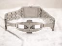 View of the brushed stainless steel folding clasp on the Raymond Weil watch bracelet, with 'Stainless Steel' marking.