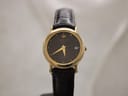 Front view of gold electroplated Raymond Weil 9920 watch with black striped dial, gold dot markers, and date window at 3 o'clock. Black leather strap.