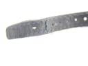 View of the end of the blue leather strap, showing wear near the buckle holes.
