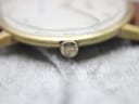 Macro close-up of the gold-tone crown, clearly showing the 'R' signature logo of Roamer.