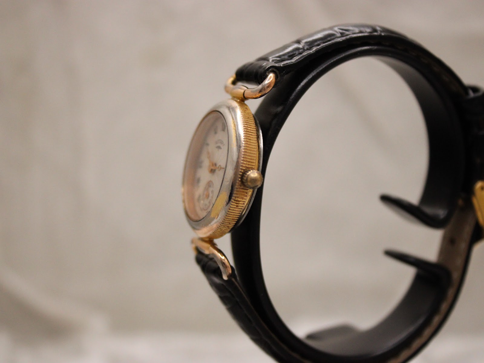 Side profile of the Rotary watch on a display stand, highlighting the fluted gold-tone crown and the curvature of the case and black leather strap.