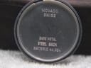 Interior view of the case back showing 'Movado Swiss Base Metal Steel Back BATTERIE no.364' inscription.