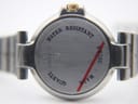 Close-up of the brushed stainless steel case back with "Water Resistant", "Swiss Made", "Quartz", and serial number engraving.