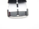 Close-up of the polished silver-tone pin buckle on the black leather strap against a white background.