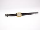 Top-down view of the Bulova watch with its dark brown leather strap laid flat, showing the gold-tone buckle.