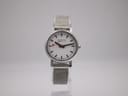 Front view of Mondaine Official Swiss Railways ladies watch with white dial, black markers, and red second hand.