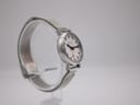 Angled side view of the watch on a display stand, highlighting the mesh bracelet.