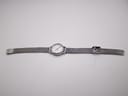 Top-down full length view of the Mondaine watch and open mesh bracelet on a white background.