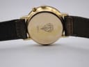 Close-up of the watch case back, showing the embossed Gucci crest, '3800 L', and serial number with part of the brown leather strap.