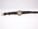 Full front view of the Gucci 3800L watch with the brown leather strap fully extended, showing the dial and signed buckle.