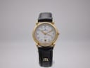 Front view of the Maurice Lacroix 72963 gold-plated quartz watch with a white dial, black Roman numerals, and a black leather strap.