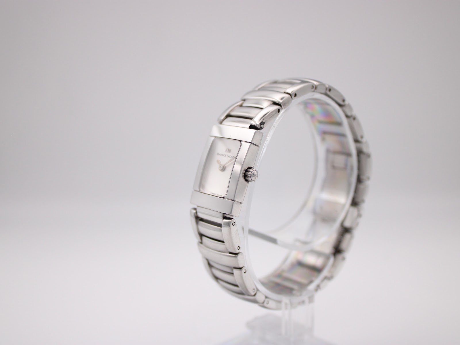 Angled view of Maurice Lacroix ladies watch, showing the stainless steel bracelet and side of the case