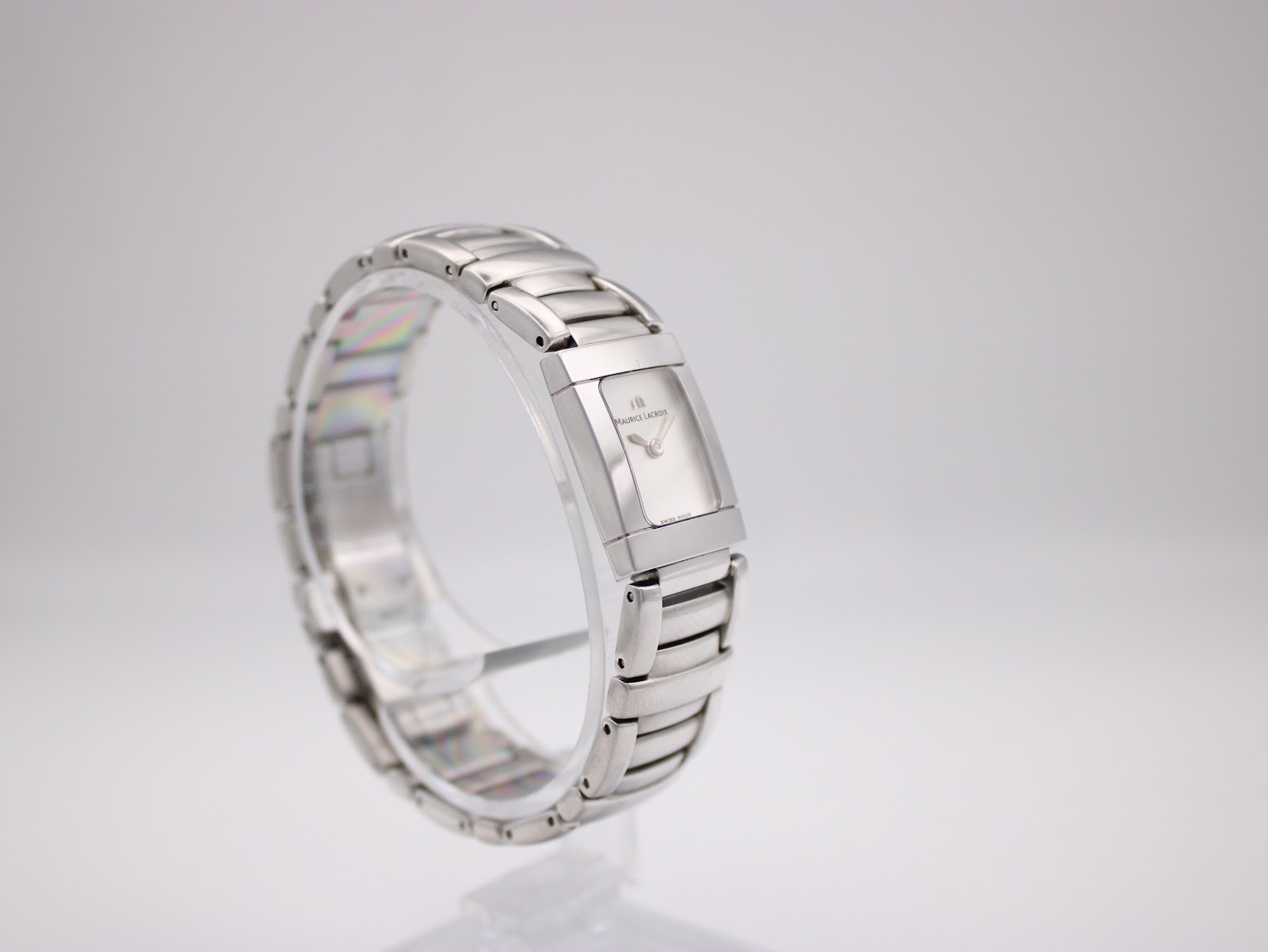 Another angled view of the Maurice Lacroix watch from the opposite side, highlighting the bracelet's design