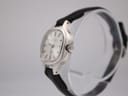 Angled side view of the Bulova Accutron watch case and crown, showing the silver-toned finish and strap.