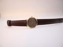 Full view of the watch laid flat, displaying the gold-plated octagonal case and extended brown leather strap with buckle.
