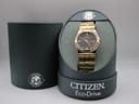 The Citizen Eco-Drive watch displayed in its original green cylindrical presentation box.