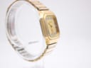 Opposite side profile view of the gold tone Bulova P2 watch, highlighting the case shape and bracelet links.