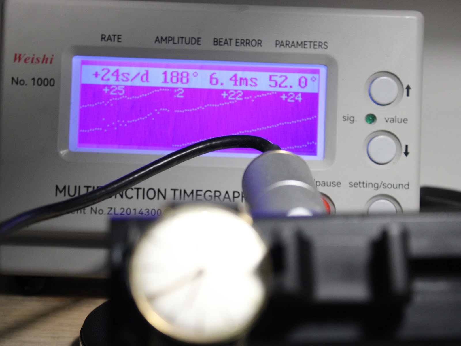 Close-up of a timegrapher display showing the watch's accuracy results: +24 seconds/day, 188 degrees amplitude, and 6.4 milliseconds beat error.