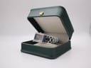 The Skagen Denmark watch displayed inside a generic dark green watch box with a gold crown emblem on the lid.
