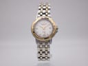 Front view of Raymond Weil Tango two-tone ladies watch with white dial and gold Roman numerals.