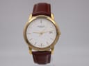 Front view of Raymond Weil 5548 gold plated watch with white textured dial and brown leather strap.