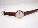 Full watch spread out, showing the brown leather strap and gold tone case on a white background.
